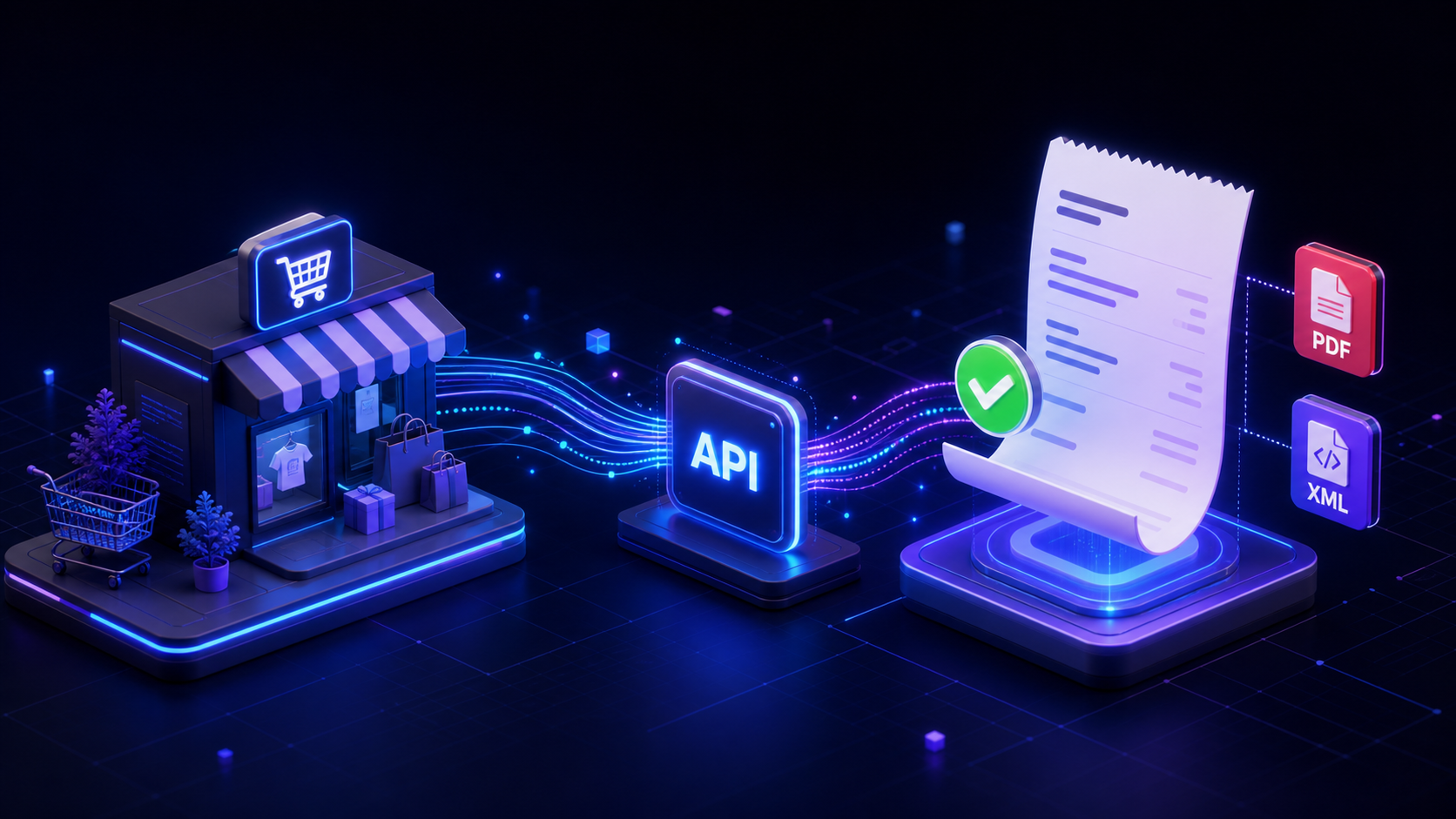 Flujo 3D de datos API desde una tienda online hacia una boleta digital validada con archivos PDF y XML